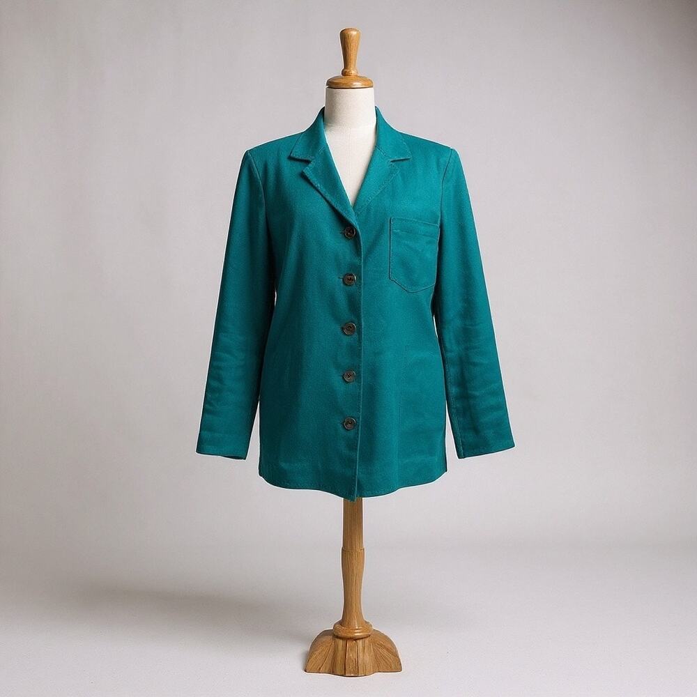 Harve Benard Linen Blazer Sz L Teal Button Up Lined Preppy Academia Lagenlook